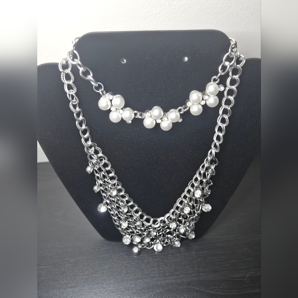 White Gold Necklace Bracelet Faux Pearls Stones Adjustable Link Costume Jewelry